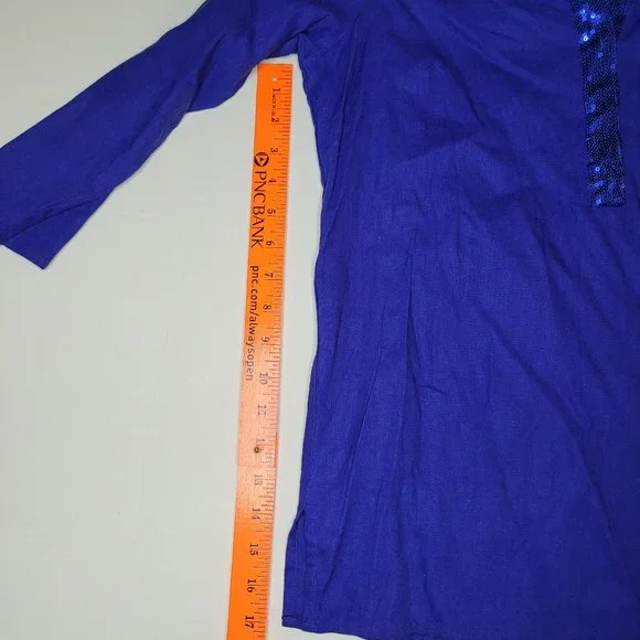 Jaclyn Smith Top Linen Blend Womens Tunic Blue Small 3/4 Sleeve Sequin Resort - Picture 8 of 12